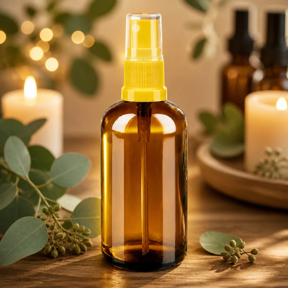 Flacone spray da 100 ml giallo/trasparente STD BrownLine UT18/100 Flacone in vetro marrone protetto dalla luce da 100 ml ideale per gli spray per il viso fatti in casa