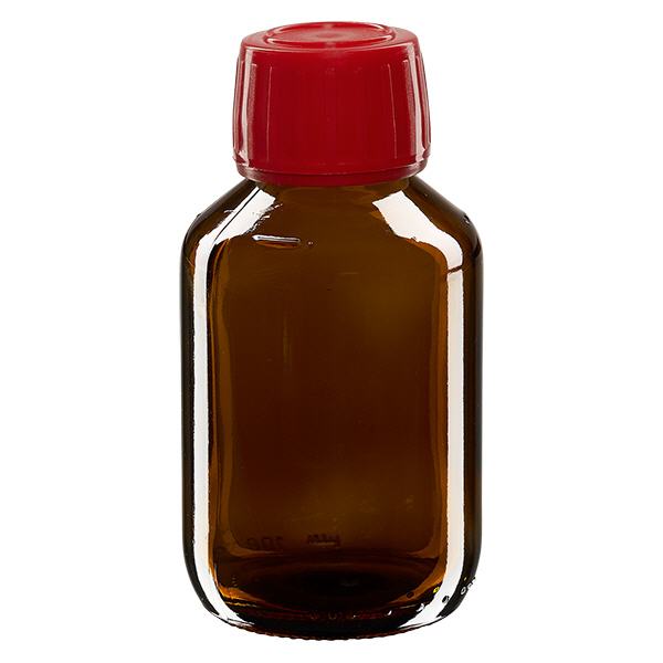Flacone per medicinali da 100 ml marrone, tappo rosso con chiusura antimanomissione