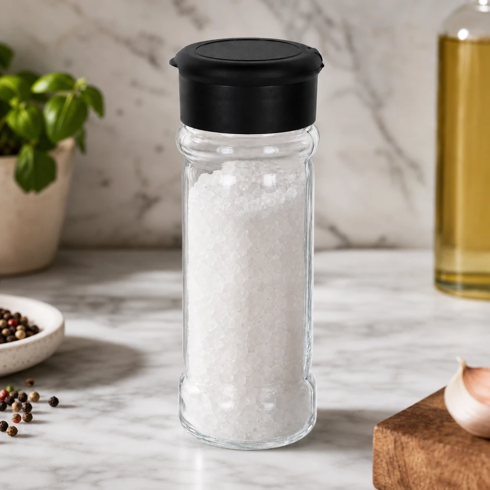 Barattolo per spezie da 100 ml riempito con sale marino grosso, con coperchio dosatore nero su base in marmo