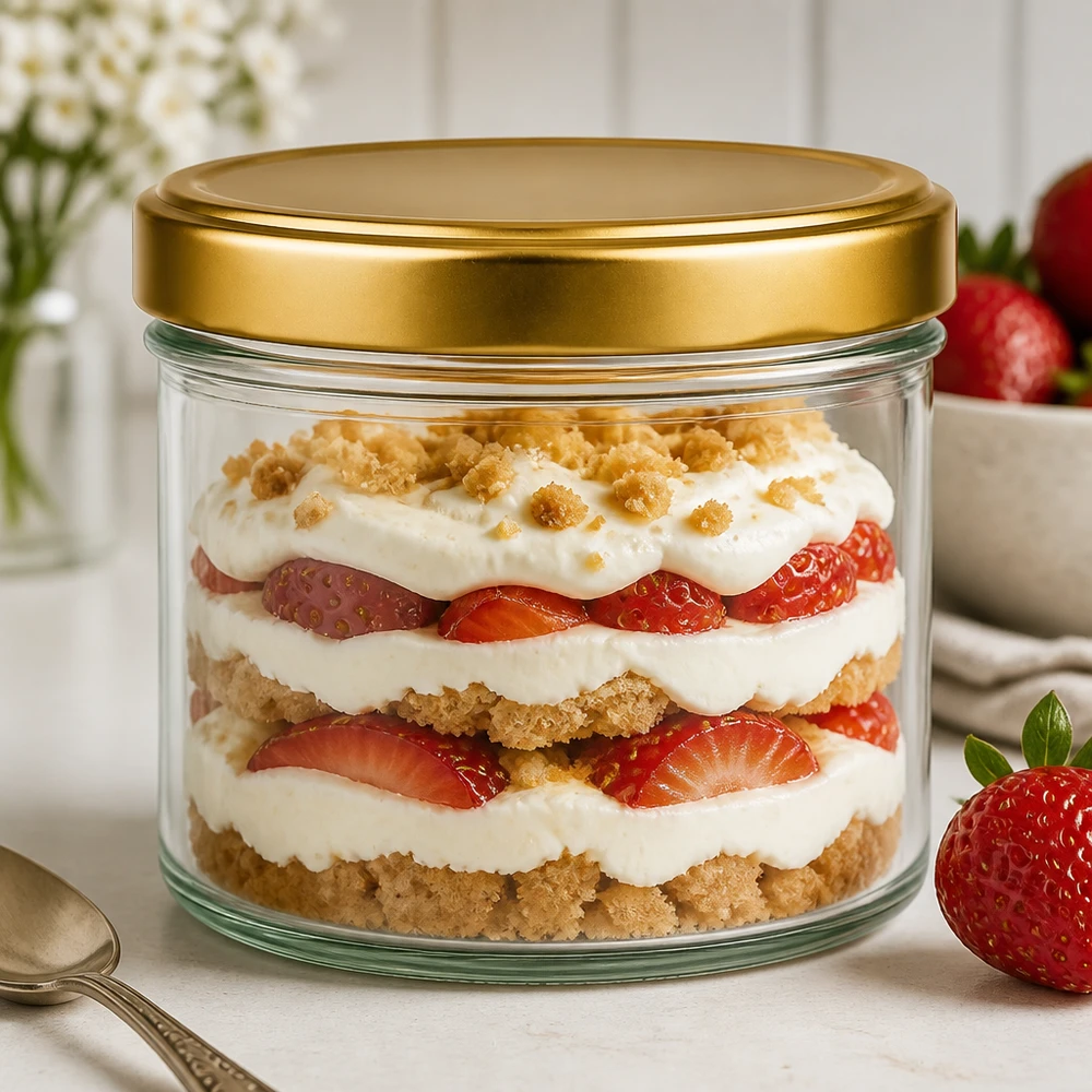 Barattolo cilindrico da 230 ml con coperchio BasicSeal oro UNiTWIST. 230ml Zylinderglas mit goldenem BasicSeal Deckel als schickes Dessertglas für geschichtetes Erdbeer-Trifle Nachtisch