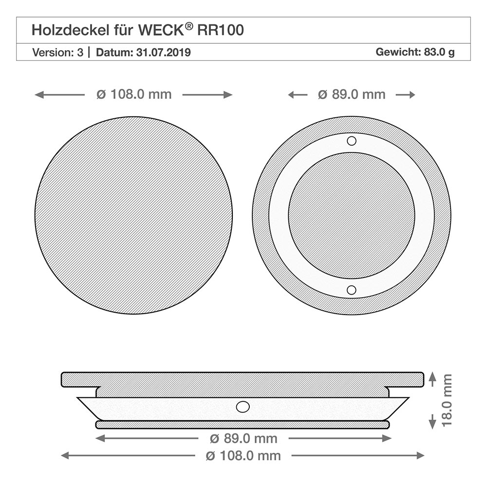 Bicchieri da 370 ml WECK RR100 con coperchio in legno Disegno tecnico del coperchio in legno per il vaso WECK RR100 con dimensioni 108mm 89mm 18mm di diametro Altezza Specifiche tecniche