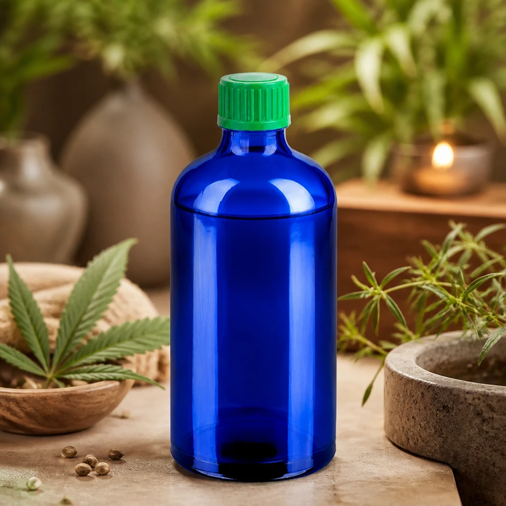 Flacone contagocce da 100 ml 0,8 mm verde STD BlueLine UT18/100 Flacone contagocce blu di alta qualità da 100 ml in vetro con tappo verde ecologico per prodotti naturali