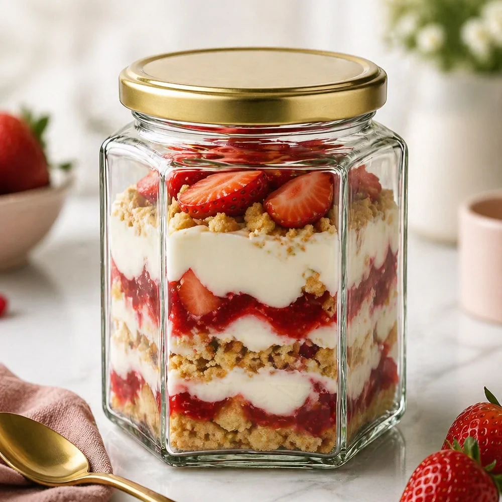 Vasetto per miele da 500 g con capsula dorata BasicSeal UNiTWIST 500g BasicSeal UT vasetto per miele come vasetto da dessert per trifle alla fragola con panna e briciole di biscotto coperchio esagonale dorato