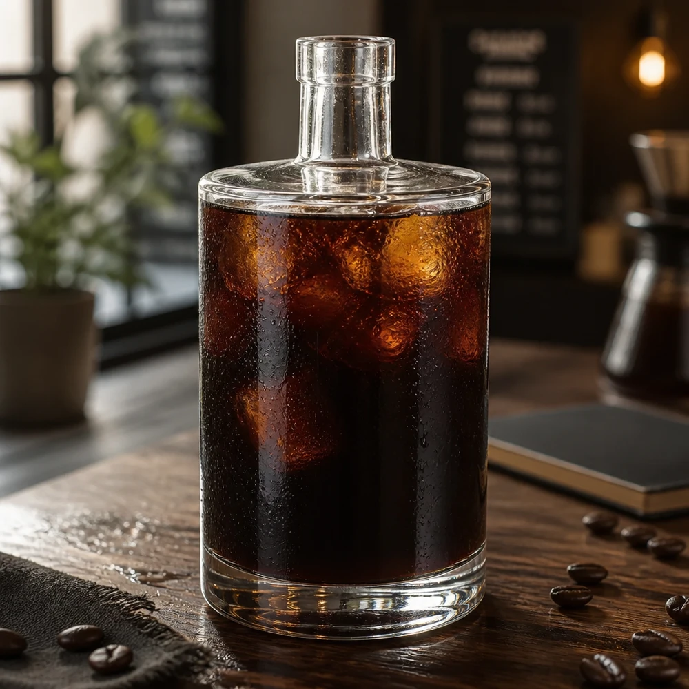Bottiglia in vetro da 700 ml Marie senza tappo UNiTWIST® Bottiglia di vetro da 700 ml di Marie riempita con caffè freddo e cubetti di ghiaccio su un tavolo di legno con chicchi di caffè nel bar