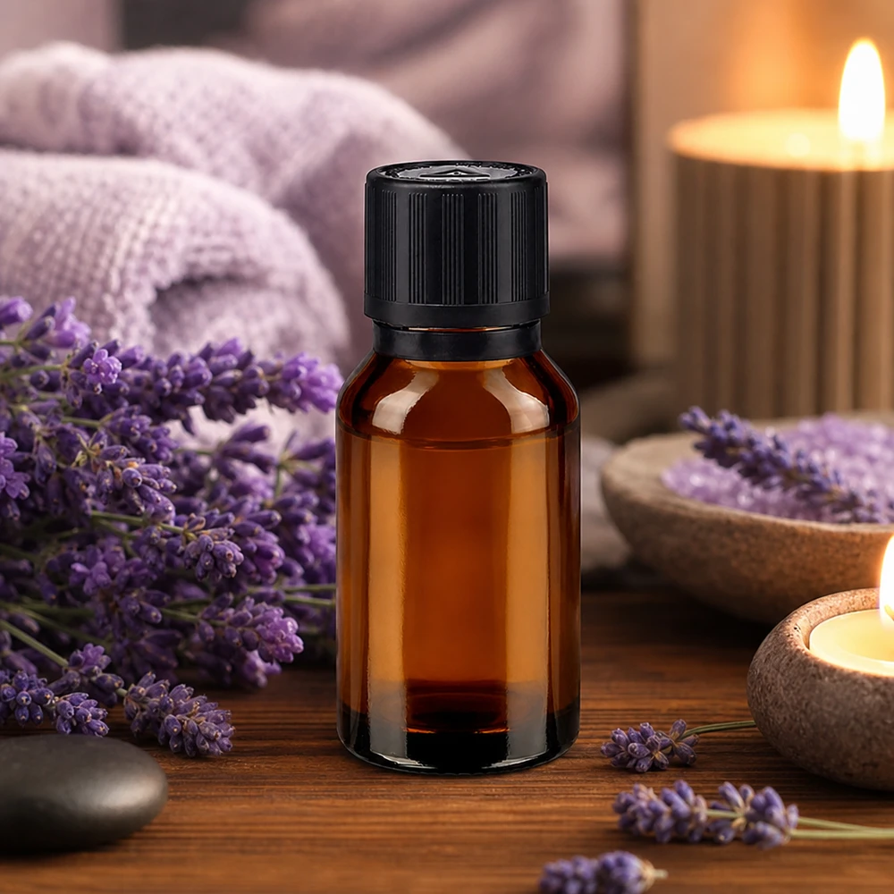 Piccolo flacone da farmacia in vetro ambrato da 15 ml con contagocce, tra fiori di lavanda viola