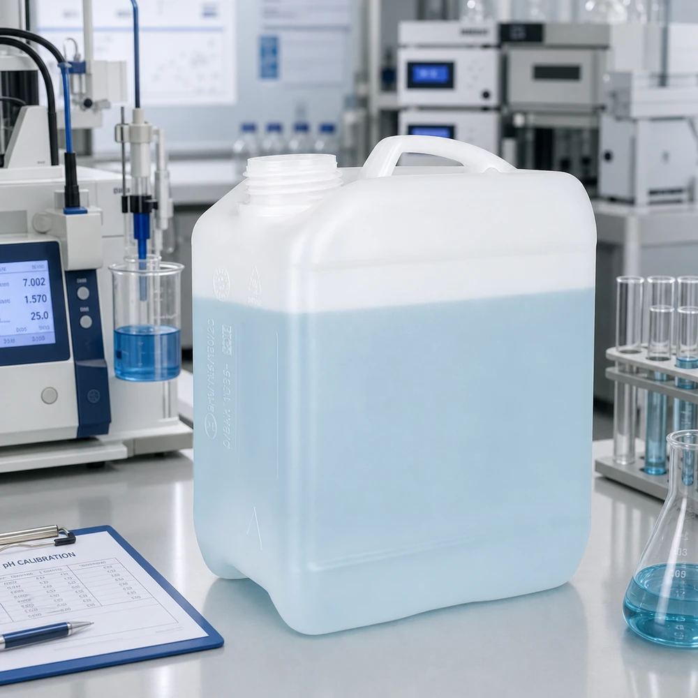 Tanica di plastica trasparente da 2,5 litri contenente un liquido azzurro in un ambiente di laboratorio