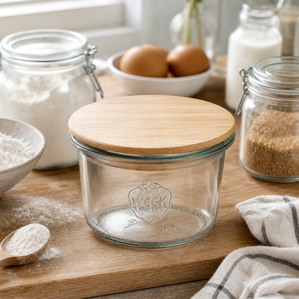 Bicchieri WECK 80ml RR60 con coperchio in bambù su una tavola di legno circondata da ingredienti da forno, farina, uova e latte in una cucina moderna