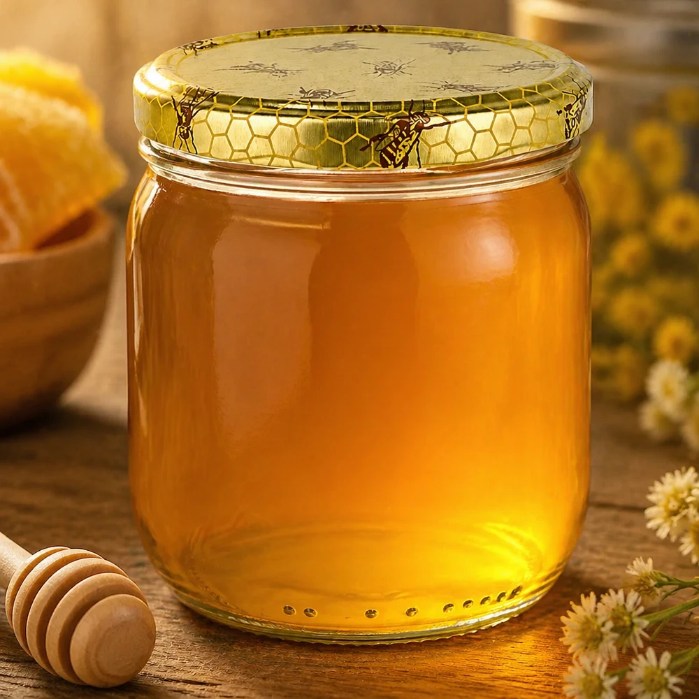 Vasetto per miele da 500 g con capsula con motivo a favo BasicSeal UNiTWIST 500g Honigglas mit goldenem Honig gefüllt neben Honiglöffel und Blüten auf rustikalem Holztisch arrangiert