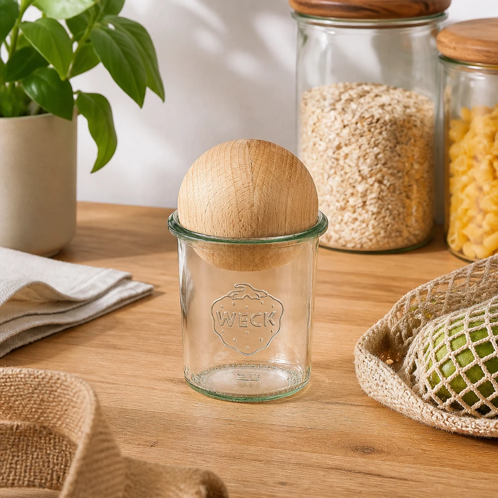 WECK RR60 160ml mason jar con coperchio in faggio su un tavolo di legno, circondato da utensili da cucina sostenibili