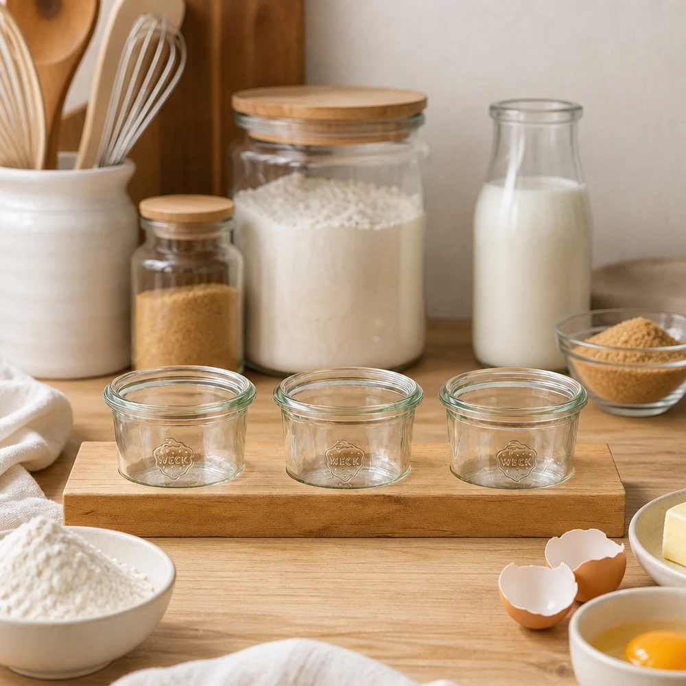 Tavola di servizio Plano3 con 3 tumbler Weck da 80 ml vuoti su un piano di lavoro in legno tra ingredienti da forno e utensili da cucina