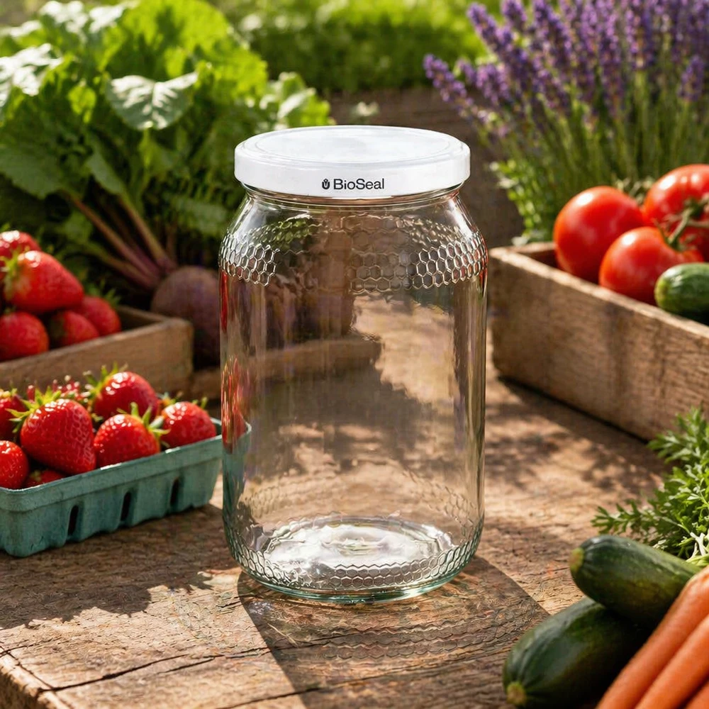 Vasetto per miele da 1260 g con capsula bianca BioSeal UNiTWIST Vaso di miele da 900 ml con coperchio BioSeal in giardino tra fragole fresche, pomodori ed erbe aromatiche come vaso di conservazione
