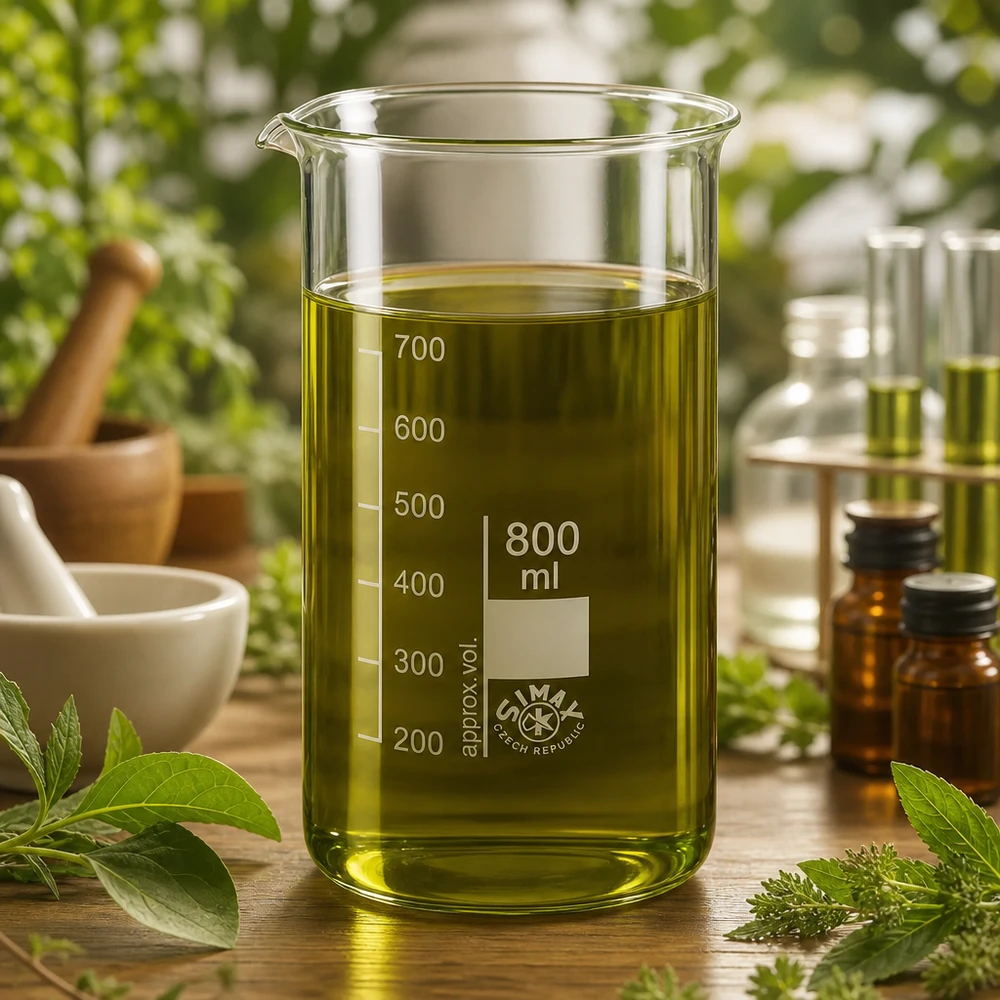 Bicchiere da laboratorio da 800 ml, modello alto, con estratto di erbe verde su un tavolo di legno, circondato da erbe medicinali fresche