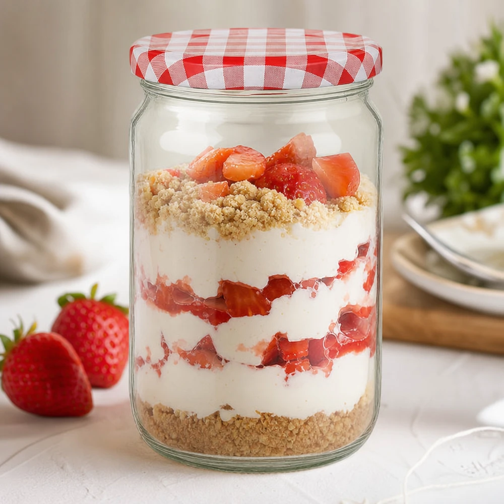 Barattolo rotondo da 795 ml con coperchio BasicSeal rosso/bianco UN.. Vasetto rotondo da 795 ml con coperchio BasicSeal come vasetto da dessert con fragole, panna e zuccherini, perfetto per i dessert dolci.