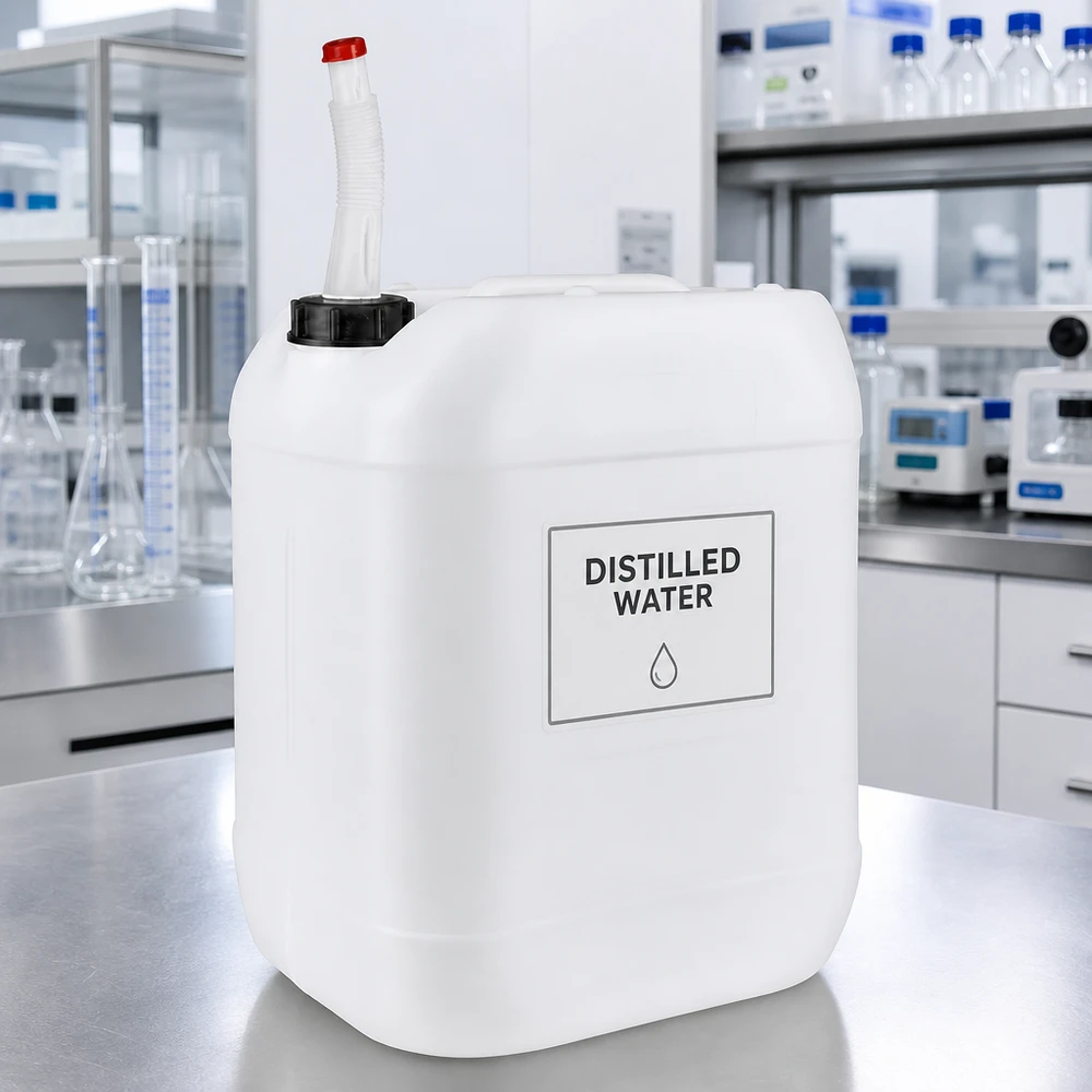 Tanica da laboratorio da 20 litri con beccuccio flessibile per acqua distillata, in plastica HDPE bianca