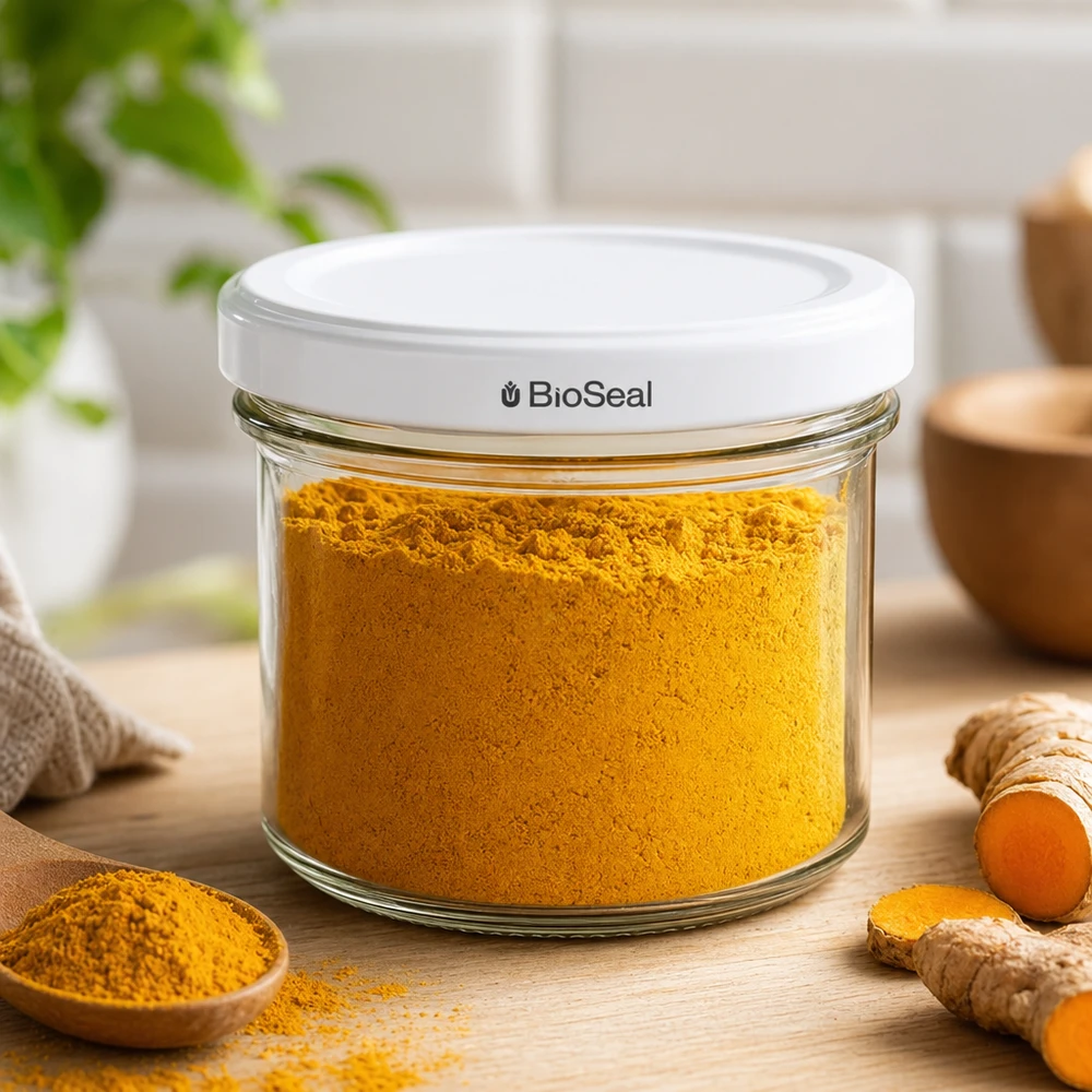 UNiTWIST Sturz125 con coperchio bianco TO66 BioSeal UNiTWIST tumbler 125ml stoccaggio spezie polvere di curcuma scena cucina TO66 BioSeal coperchio vetro bianco