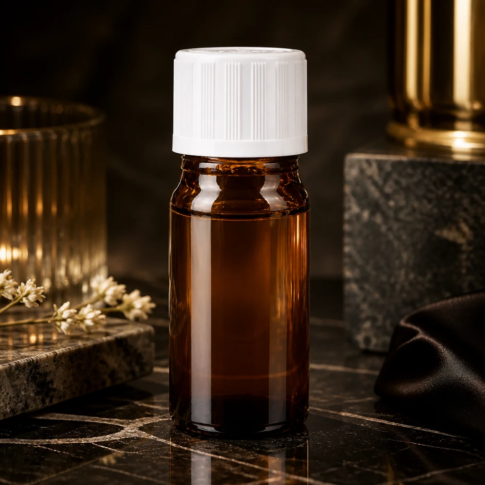 Elegante flacone in vetro ambrato da 5 ml con tappo KiSi bianco su fondo di marmo nero