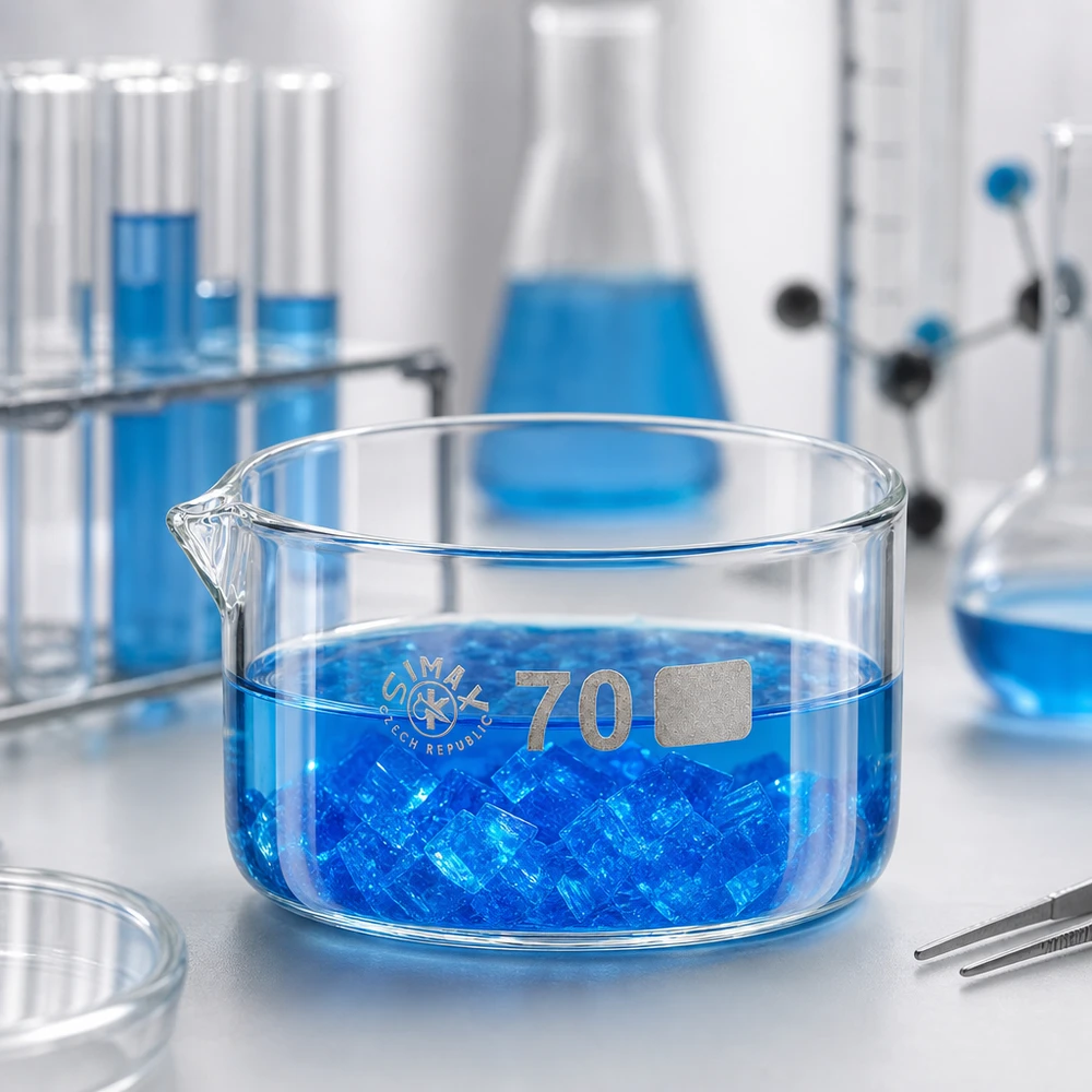 Cristallizzatore da 100 ml con beccuccio Bo.. ø70mm Vaschetta di cristallizzazione Simax da 100 ml con liquido blu e cristalli sul piano di lavoro del laboratorio