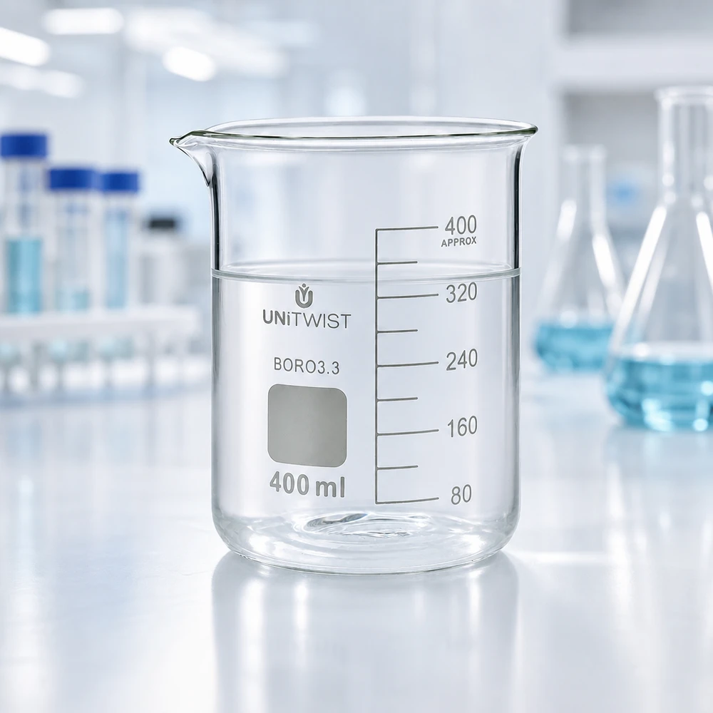 Bicchiere da laboratorio UNiTWIST da 400 ml in borosilicato 3.3 con beccuccio e accessori da laboratorio bianchi sullo sfondo