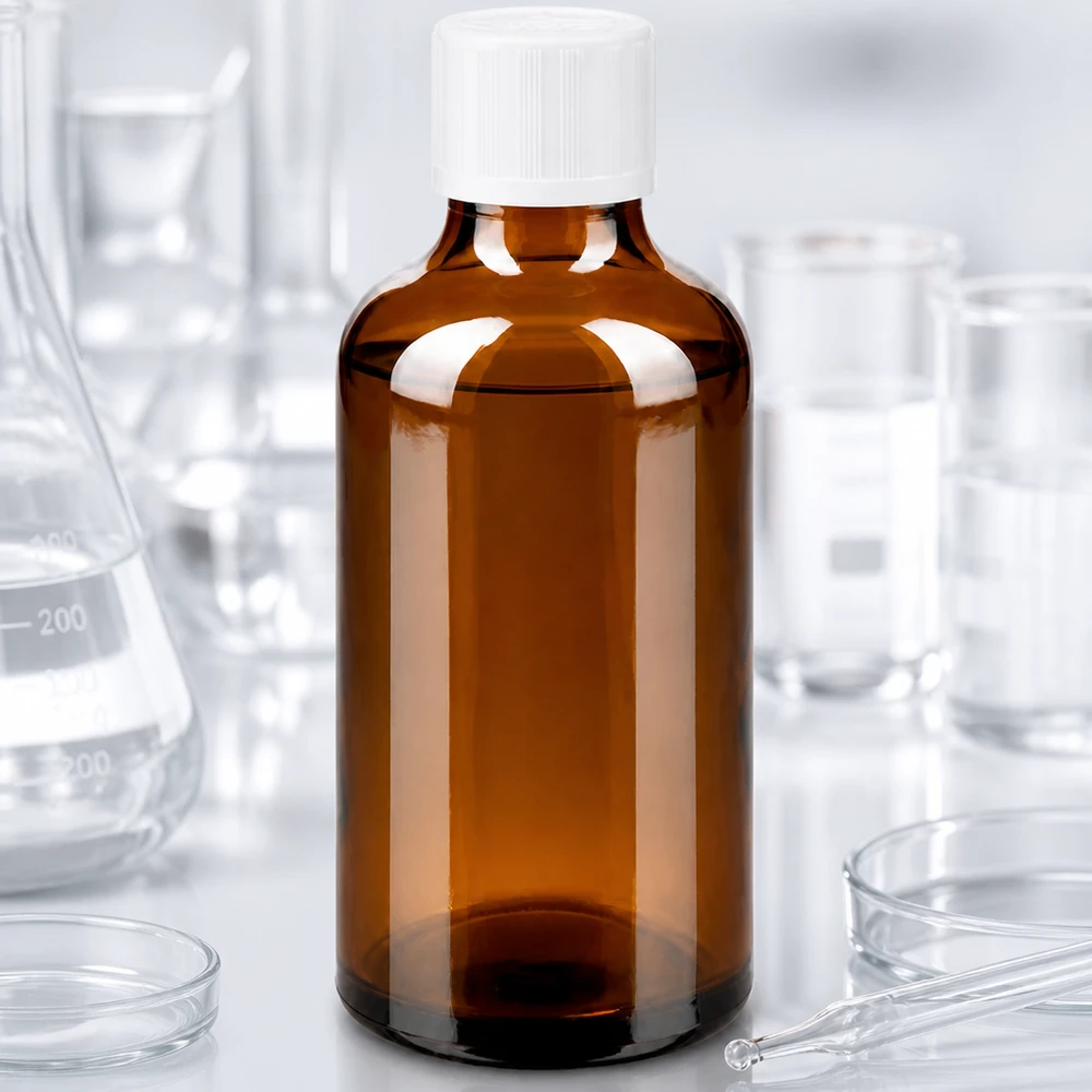 Contagocce marrone da 50ml. STD KiSi bianco/1,2 mm ApoGlas Ambiente di laboratorio con flacone in vetro marrone da farmacia da 50 ml, tappo bianco KiSi e contagocce da 1,2 mm