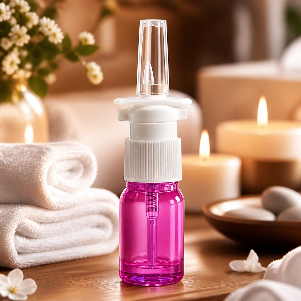 Flacone spray nasale da 5 ml bianco/trasparente standard PurpleLine UT18/5 Robusto flacone spray da 5 ml in plastica trasparente viola con meccanismo a pompa bianco