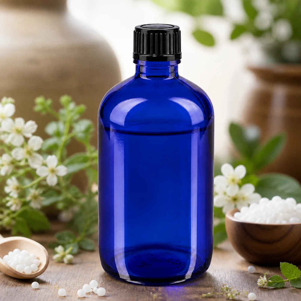 Flacone di vetro da 100 ml color blu cobalto con dosatore a goccia da 1 mm, su sfondo di erbe e granuli omeopatici