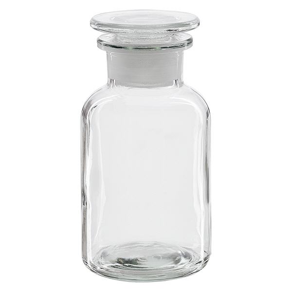 Bottiglia a spalla tonda 250ml chiara a collo largo con tappo in vetro