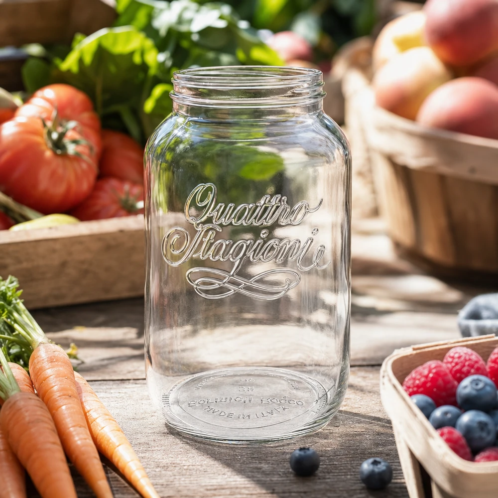 Vaso domestico "Quattro Stagioni" da 3800 ml 3800ml Quattro Stagioni vaso per conserve trasparente con scritta circondata da frutta e verdura fresca