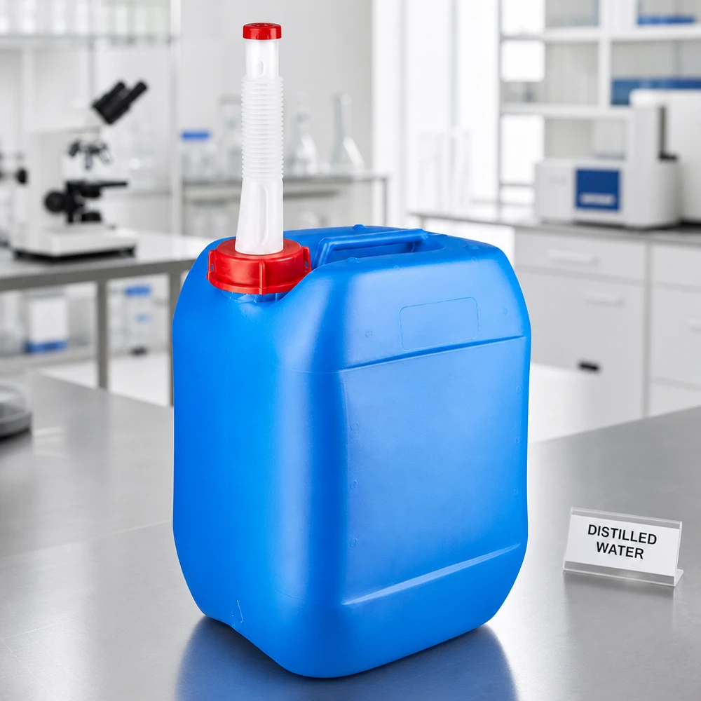 Tanica da 10 litri blu con beccuccio flessibile sul tavolo da laboratorio, accanto al cartello “Acqua distillata”