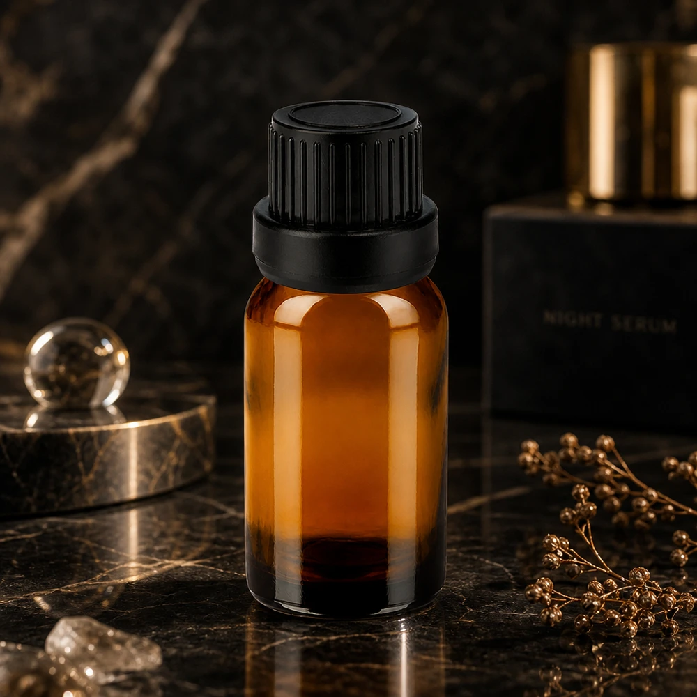 Bottiglia da 10ml 11mm SV nero OV BrownLine UT18/10 Tappo a vite nero 11mm SV su bottiglia di vetro ambrato da 10ml per imballaggio professionale di cosmetici