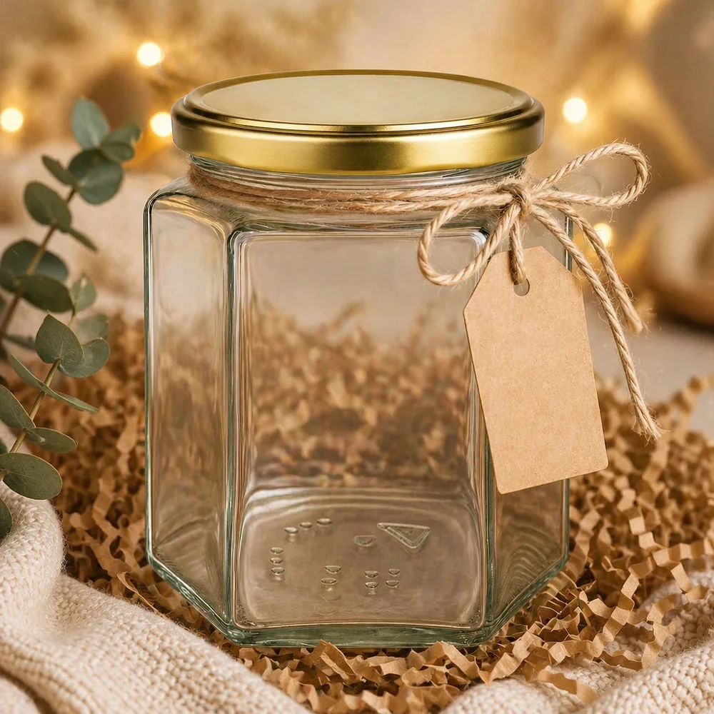 Vasetto per miele da 500 g con capsula dorata BasicSeal UNiTWIST 500g Honigglas BasicSeal UT mit Geschenkanhänger Bastband dekorativ präsentiert warme Beleuchtung Geschenkidee
