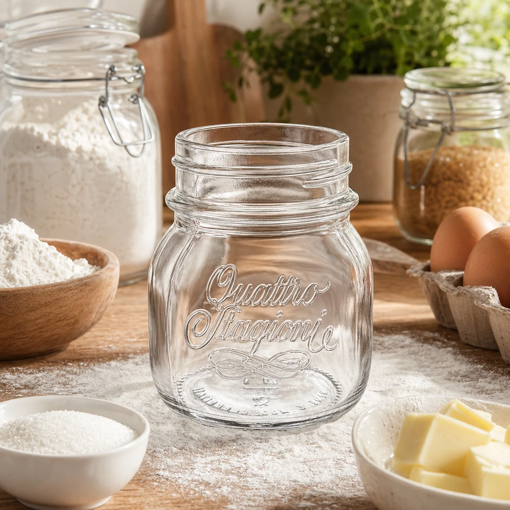 150ml Quattro Stagioni barattolo per conserve su tavolo di legno con ingredienti da forno farina uova burro accessori da cucina