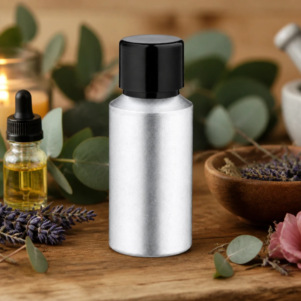 Bottiglia in alluminio decapato da 30 ml con tappo a vite Flacone in alluminio da 30 ml con rivestimento colorato opaco e tappo nero sicuro