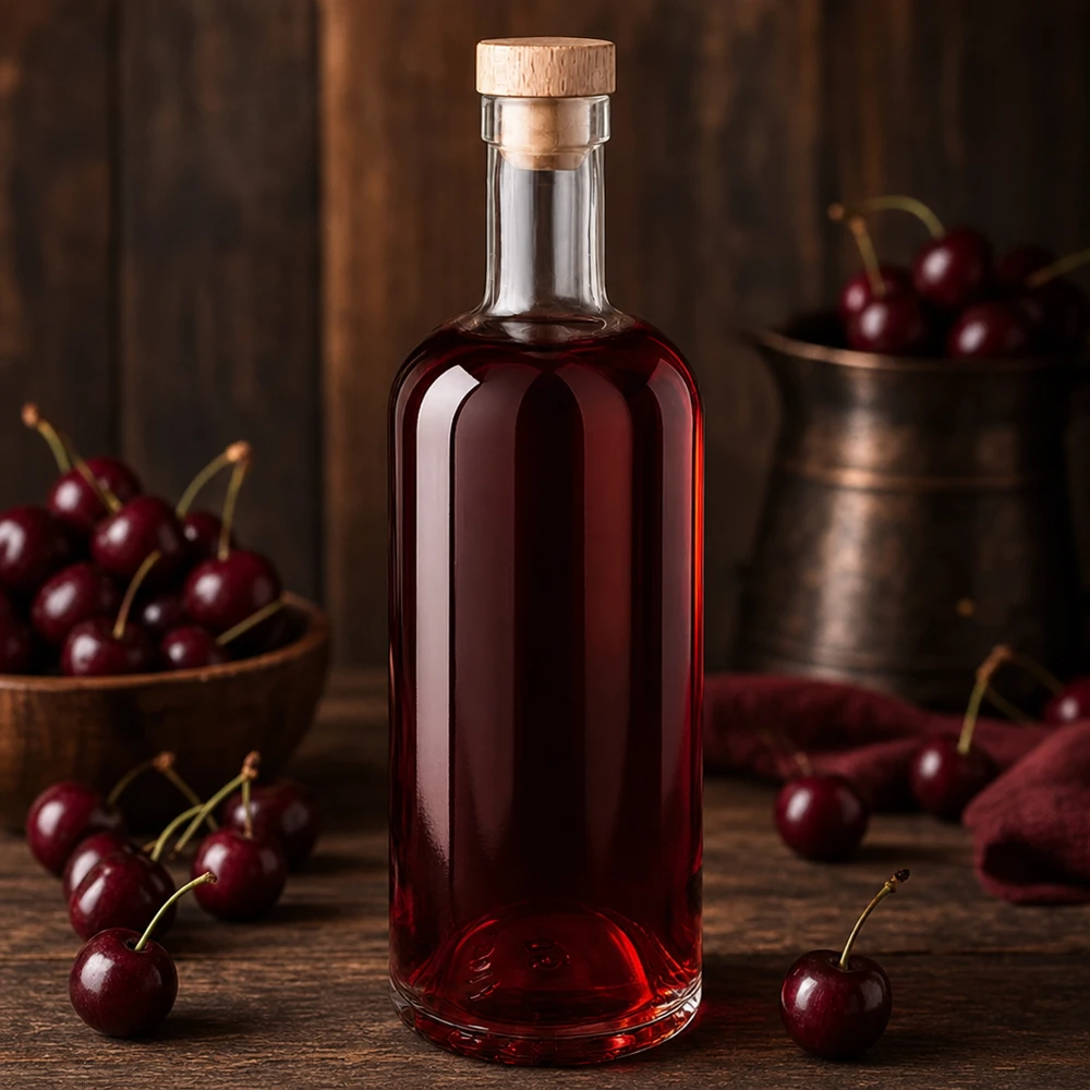 Bottiglia in vetro da 750 ml Emma con tappo in sughero con impugnatura in legno UNiTWIST® Bottiglia di vetro da 750 ml Emma con tappo di legno riempito di liquido rosso di ciliegia circondato da ciliegie fresche su un tavolo di legno