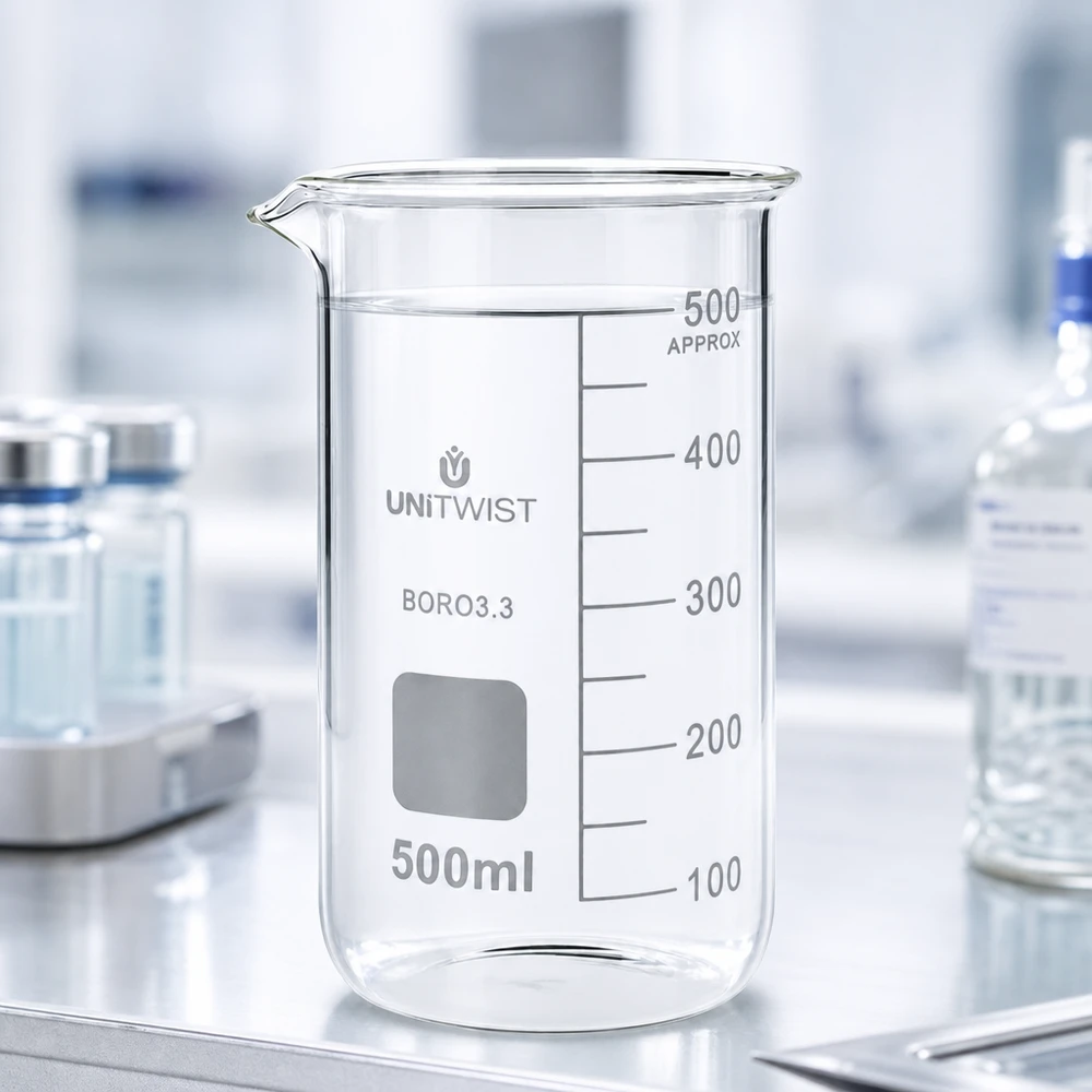 Becher trasparente vuoto da 500 ml, forma alta, in borosilicato 3.3, sul piano di lavoro del laboratorio
