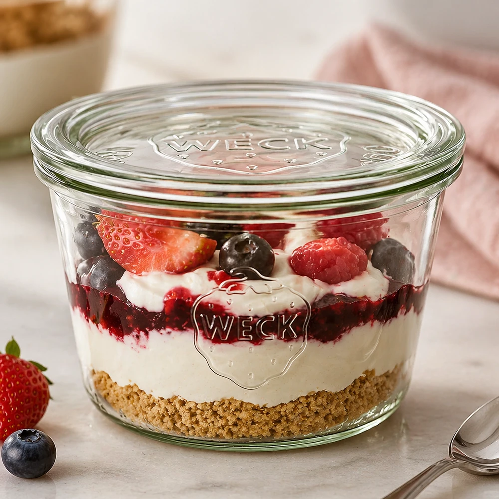 Barattolo da 370 ml con coperchio in vetro WECK RR100 Bicchieri WECK 370ml RR100 con dessert a strati di crema di base di biscotto e frutti di bosco usati come vaso da dessert