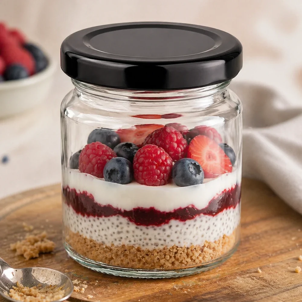 Barattolo rotondo da 53 ml con coperchio BasicSeal nero UNiTWIST. Vasetto rotondo da 53 ml con coperchio nero BasicSeal come vasetto da dessert riempito con budino di chia e frutti di bosco misti