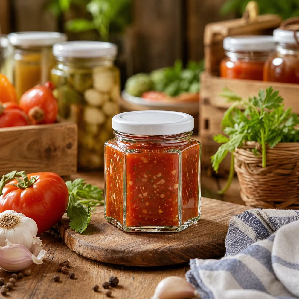 Barattolo hexa da 47 ml con coperchio BasicSeal bianco UNiTWIST Vaso hexa da 47 ml con coperchio BasicSeal riempito di salsa di pomodoro tra pomodori freschi ed erbe aromatiche su una tavola di legno