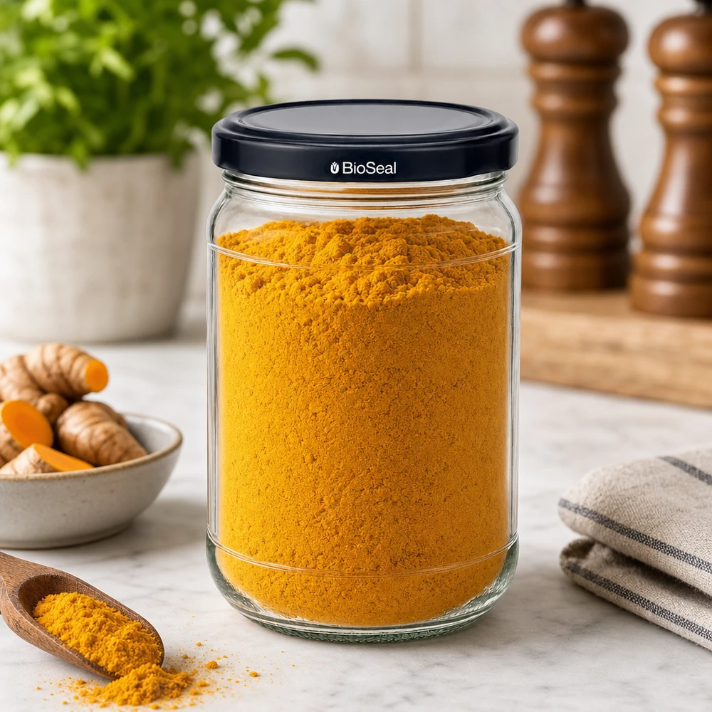 UNiTWIST Runda305 con coperchio nero. TO63 Coperchio BioSeal UNiTWIST Runda305 Vorratsglas mit schwarzem BioSeal Deckel gefüllt mit Kurkuma in stylischer Küchenumgebung