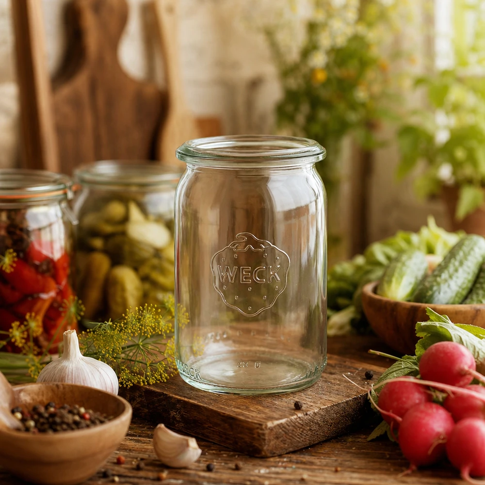 WECK RR40 vaso cilindrico 145ml in cucina rustica, decorato con verdure fresche e ingredienti di conservazione