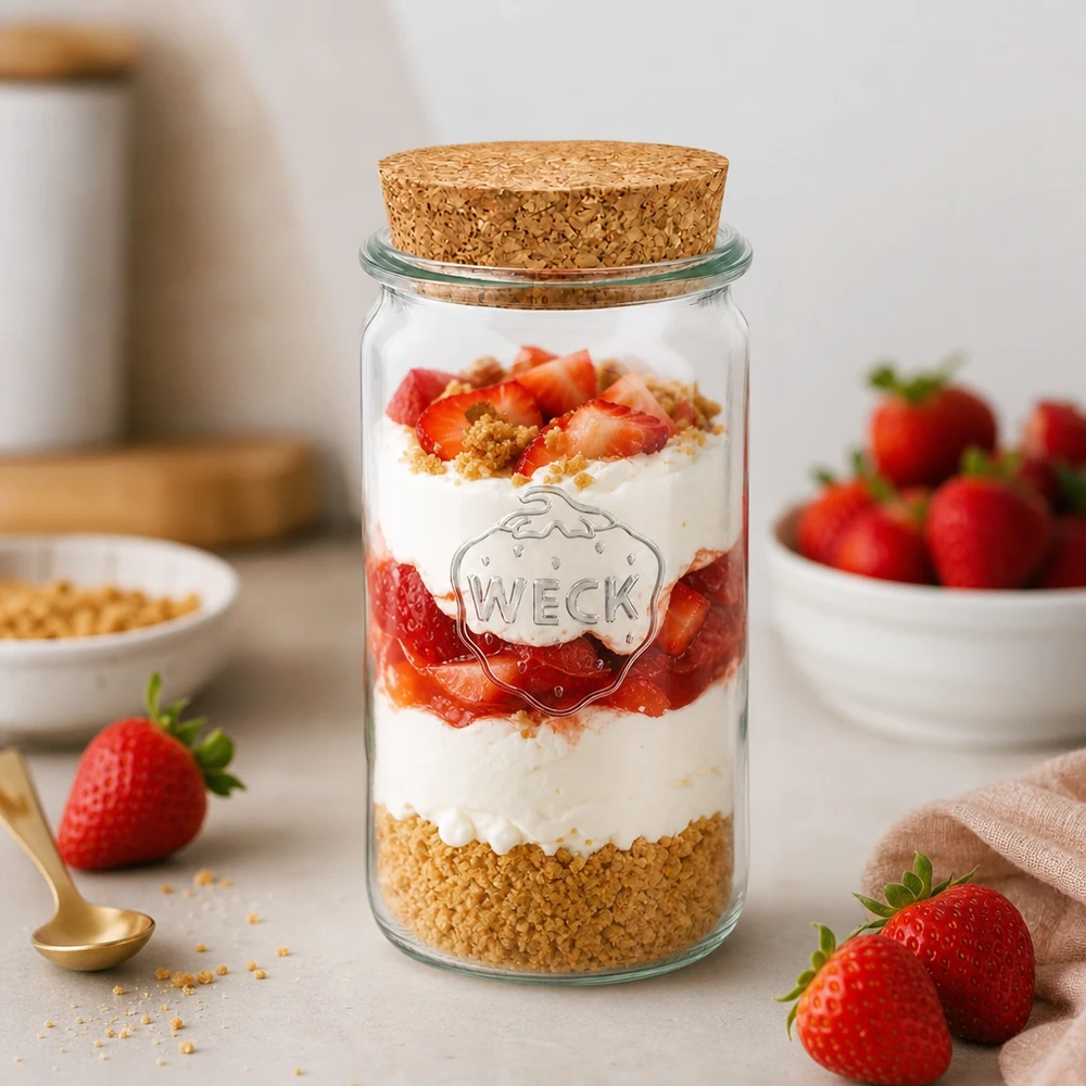 Il vaso WECK da 340 ml RR60 come vaso da dessert riempito di fragole e panna mostra l'uso versatile del vaso in sughero