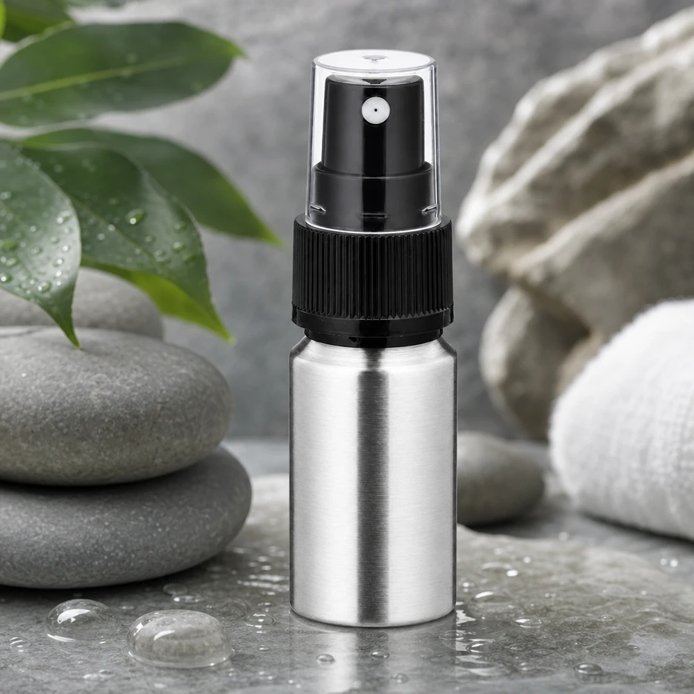 Flacone da 10 ml in alluminio lucido con atomizzatore Flacone igienico in alluminio da 10 ml con nebulizzatore - proprietà antibatteriche per i prodotti per la cura della pelle