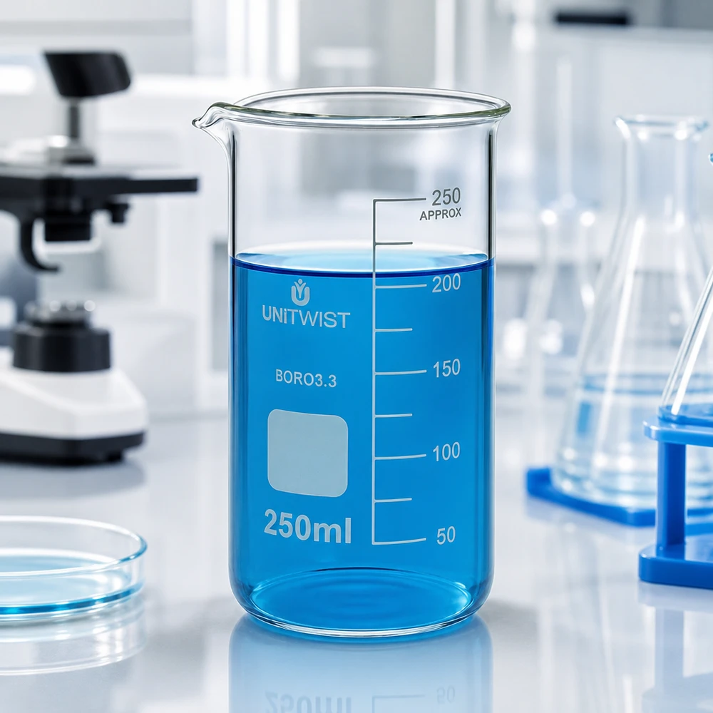 Vetro da laboratorio UNITWIST, becher da 250 ml a forma alta con liquido blu in laboratorio