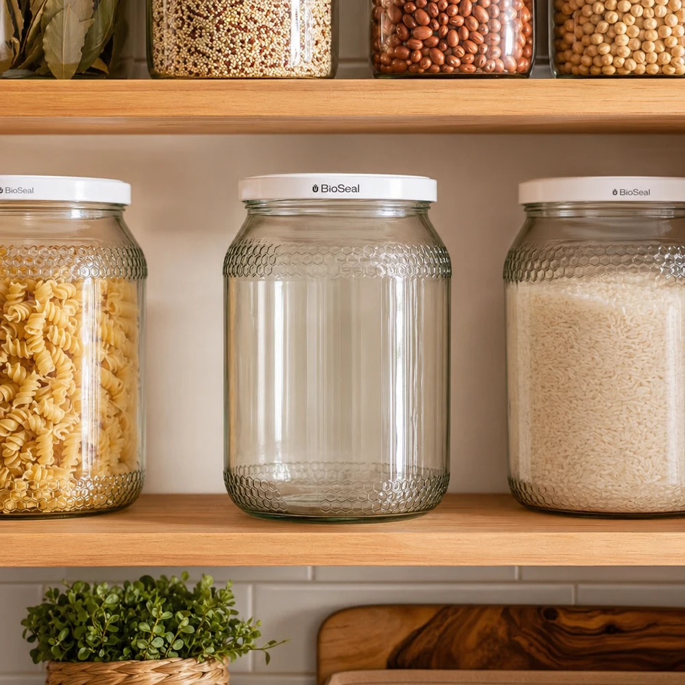 Vasetto per miele da 1260 g con capsula bianca BioSeal UNiTWIST Barattolo di miele da 900 ml con coperchio BioSeal bianco sul ripiano tra la pasta e il riso come soluzione di stoccaggio in cucina