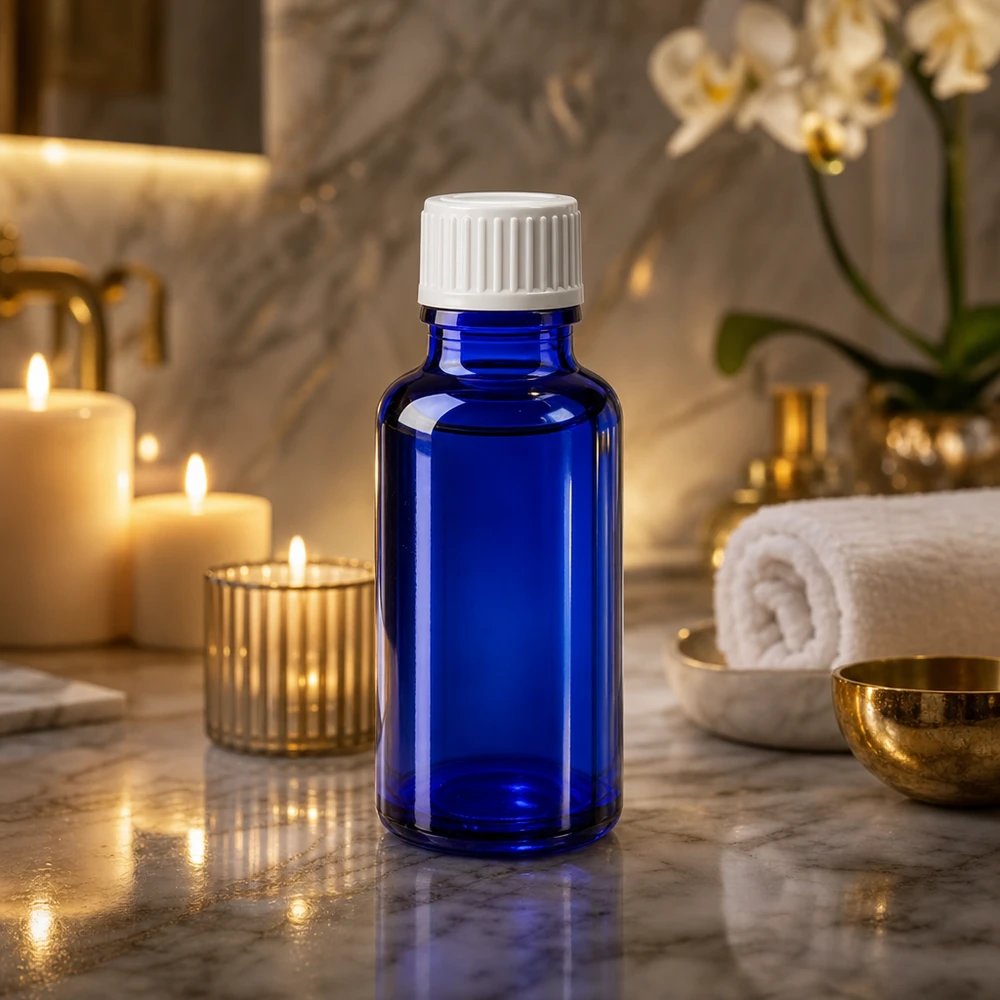 Flacone di vetro da 20 ml color blu cobalto con tappo bianco a prova di bambino per oli essenziali