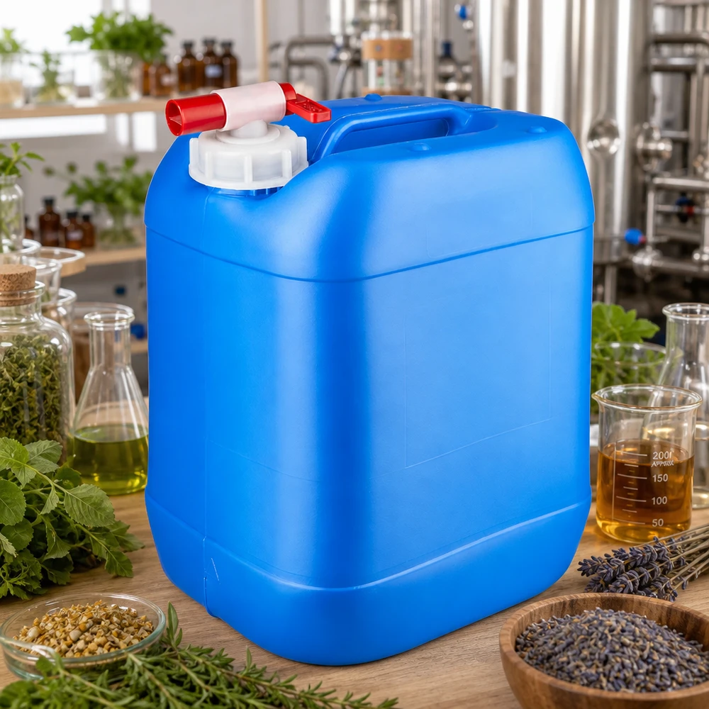 Tanica 20 litri blu con rubinetto di scarico Tanica blu da 20 litri con rubinetto di scarico tra erbe aromatiche fresche e oli essenziali in laboratorio