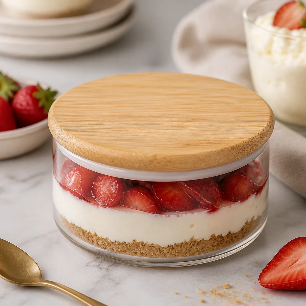 Coperchio in legno versione "A" per WECK RR80 Coperchio in legno WECK RR80 versione A con torta di fragole in barattolo - pratica applicazione per dolci e conservazione