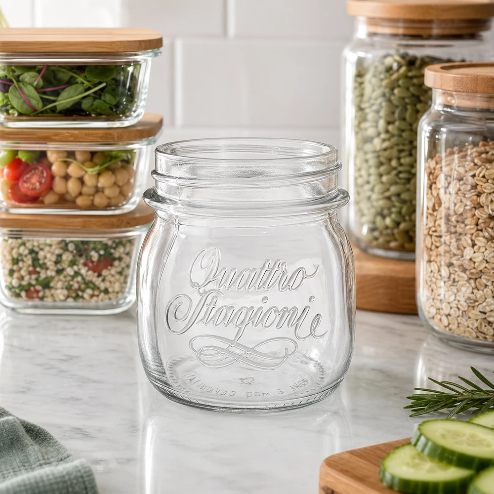 Bicchiere da 250 ml per uso domestico "Quattro Stagioni Barattolo Quattro Stagioni da 250 ml con tappo a vite per la conservazione di alimenti e spezie in cucina