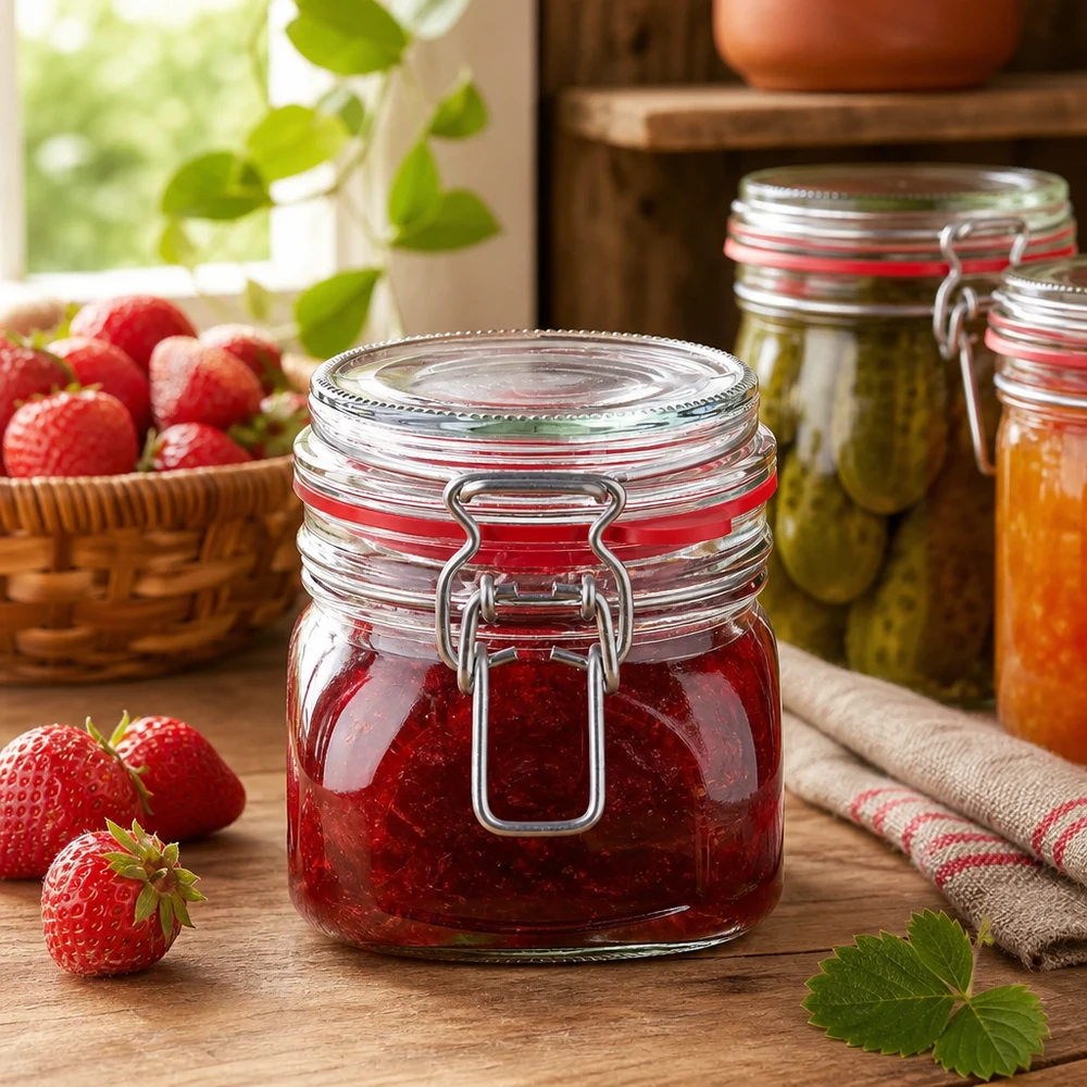 Barattolo da 370 ml tipo G con tappo a clip UN.. Barattolo in vetro da 370 ml con tappo girevole, ideale per marmellate e confetture.