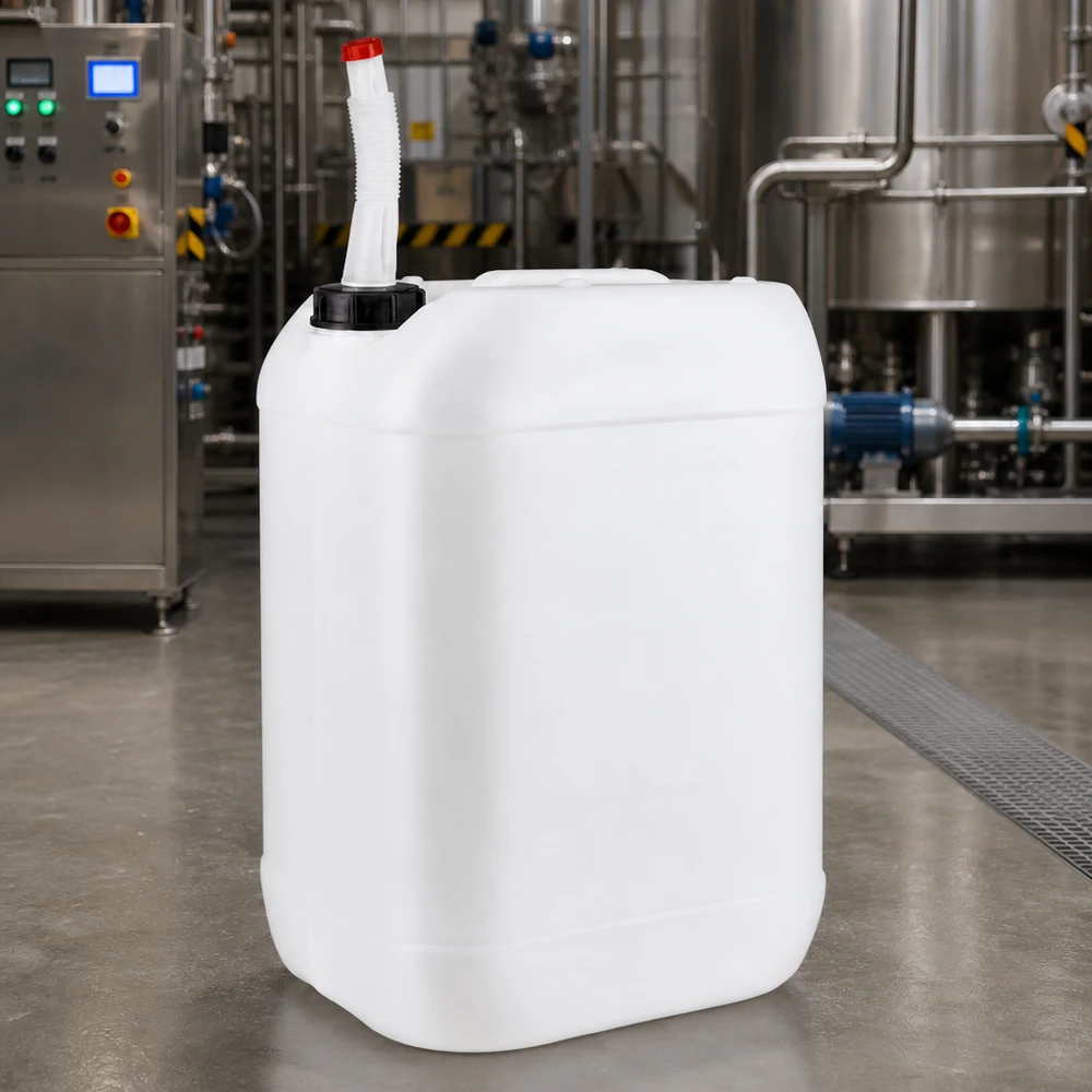 Tanica da 25 litri con tubo di uscita flessibile Contenitore industriale rettangolare da 25 litri con beccuccio orientabile in un moderno impianto di produzione
