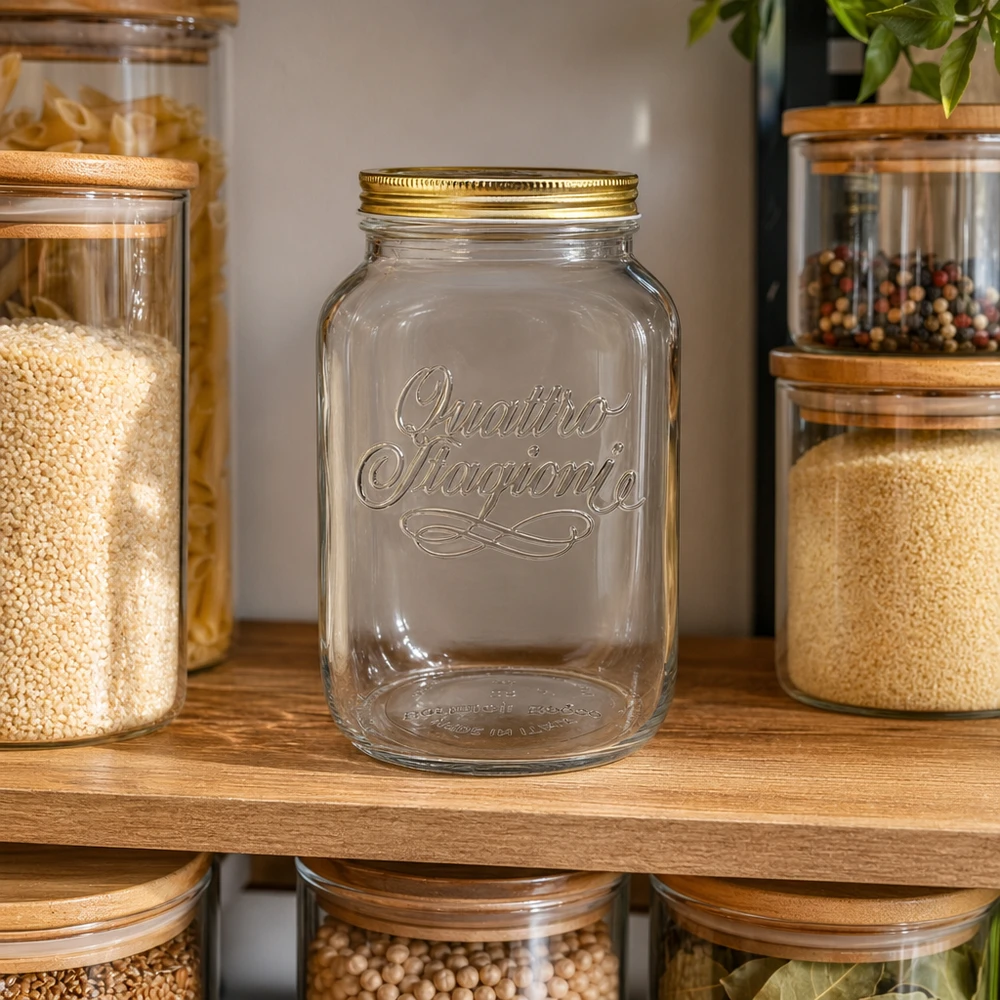 Barattolo Quattro Stagioni da 3800 ml vuoto su un ripiano di legno tra barattoli pieni di spezie e cereali.